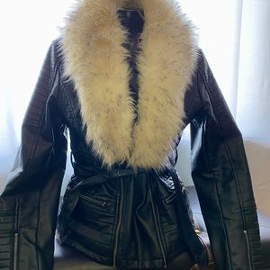 Black Bellevue faux leather faux fur biker jacket.